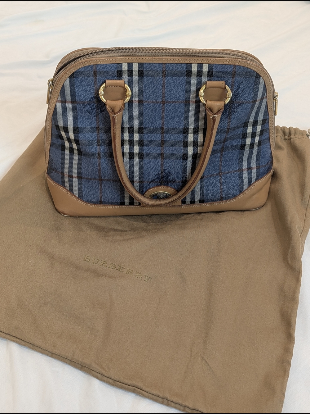 Vintage Burberrys Of London Blue Nova Check Bowling Satchel with Tan Leather